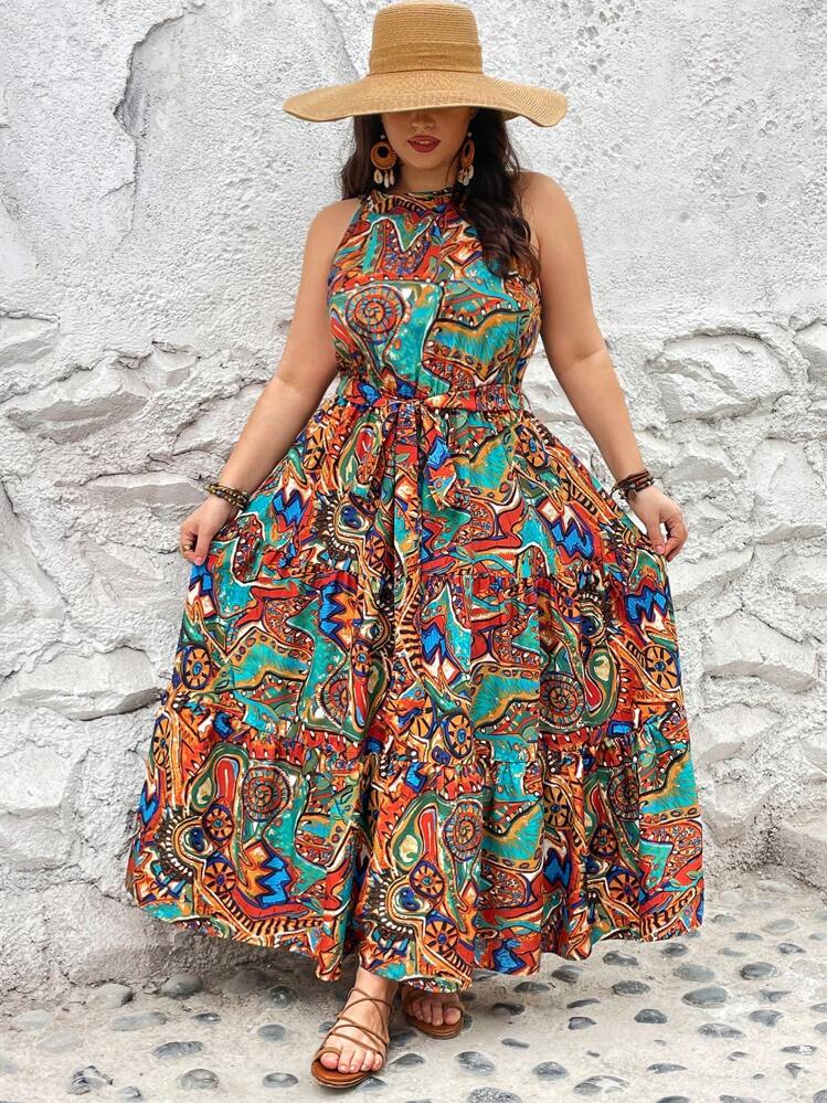 shein clothing dresses for ladies SHEIN CURVE+ Plus Size Women's Summer All Over Printed Halter Belted Dress