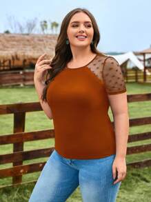 SHEIN LUNE Plus Size Heart Mesh Joint T-Shirt For Summer - Rust Brown - View 4