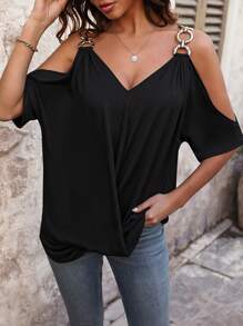 SHEIN LUNE Ladies Solid Color Open Shoulder T-Shirt - Black - View 6