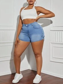 SHEIN SXY Plus Size Women's Tight-Fitting Drawstring Denim Shorts With Personalized - Light Wash - View 3