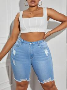 SHEIN SXY Plus Size Women's Distressed Denim Shorts  Summer Outfits For Women Festival Outfits  Casual Biker Shorts