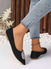 女用閃亮水鑽裝飾尖頭平底鞋 - 黑色 - 查看 4