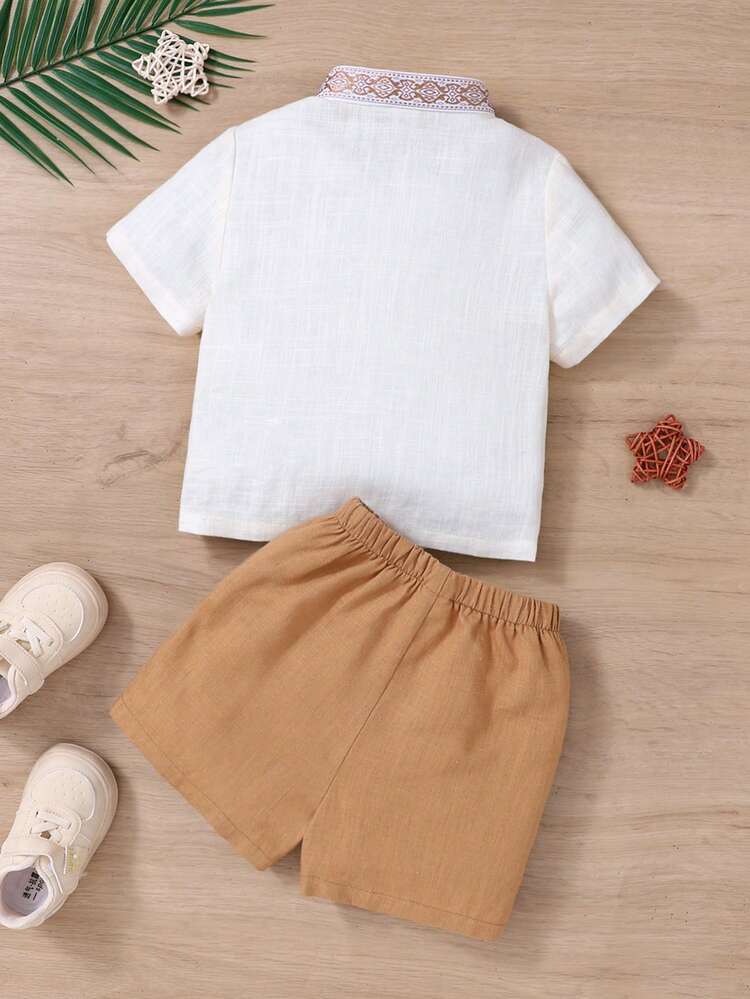 Baby Boys' Geometric Pattern Short Sleeve Stand Collar Top And Elastic Waist Shorts Set