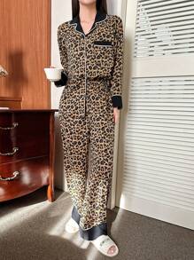 DAZY Color Block Leopard Print Edge Rolling Long-Sleeved Top And Pants Pajamas Set