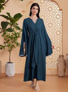 Al Najma Deep Notched Collar Short Sleeve Front Knot Slit Dress - Green - View 1