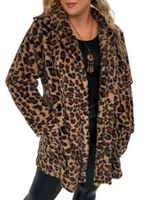 SHEIN LUNE 女大尺碼豹紋毛絨大衣 - 駝色 - 查看 1