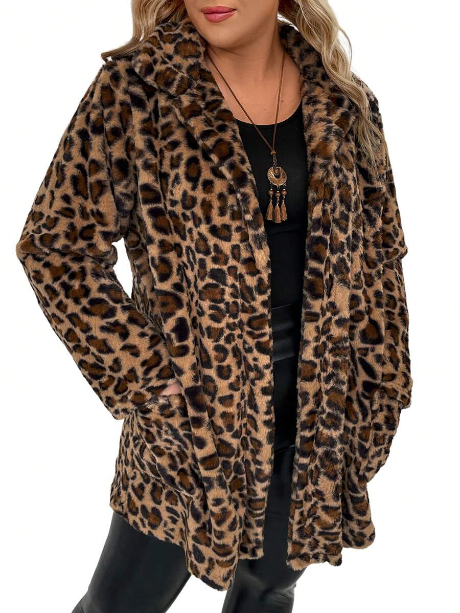 SHEIN LUNE 女大尺碼豹紋毛絨大衣 - 駝色 - 查看 1