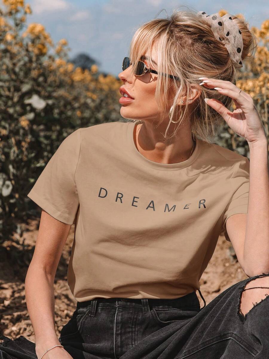 SHEIN Essnce Women's Letter Printed Short Sleeve T-Shirt - Mocha Brown - View 1