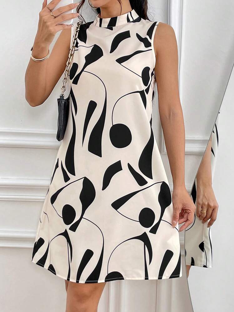 Chiquease Random Printed Stand Collar Sleeveless Dress - Multicolor - View 6