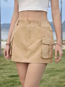 SHEIN EZwear Ladies' Khaki Woven Skirt - Khaki - View 3