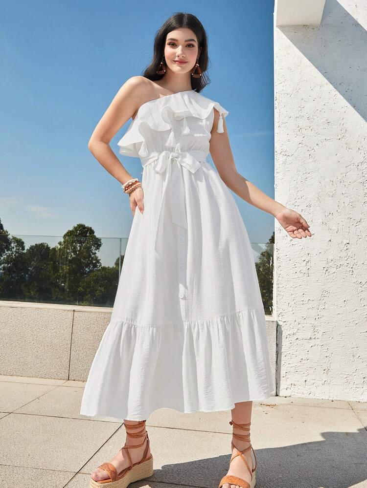 Women's Plain Asymmetrical Collar With Ruffle Hem Dress