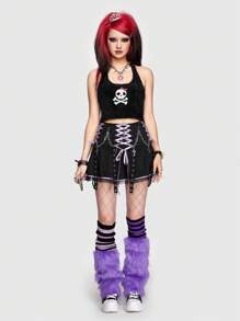 ROMWE Avant 女式骷髏印花針織露肩上衣,帶頸部帶子