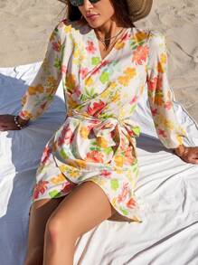 GENKIRA Rochie de damă cu mânecă lungă cu imprimeu floral - Multicolor - Vizualizare 1