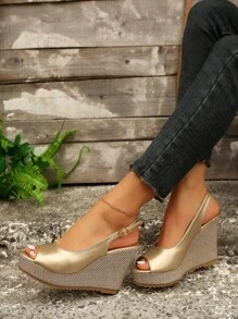 Sandales Compensées Sexy En Or Avec Plateforme Imperméable, Talon Et Bride À La Cheville Avec Boucle, Talon Ouvert