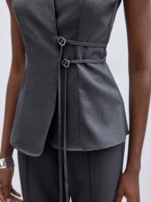 Maija Bộ vest 2 mảnh không tay cổ chữ V bó sát eo hai dây có thể điều chỉnh trang trí khóa kim loại và quần âu ống loe khâu hạt ở giữa phía trước cho nữ mùa xuân/hè - Màu xám đen - Xem 5