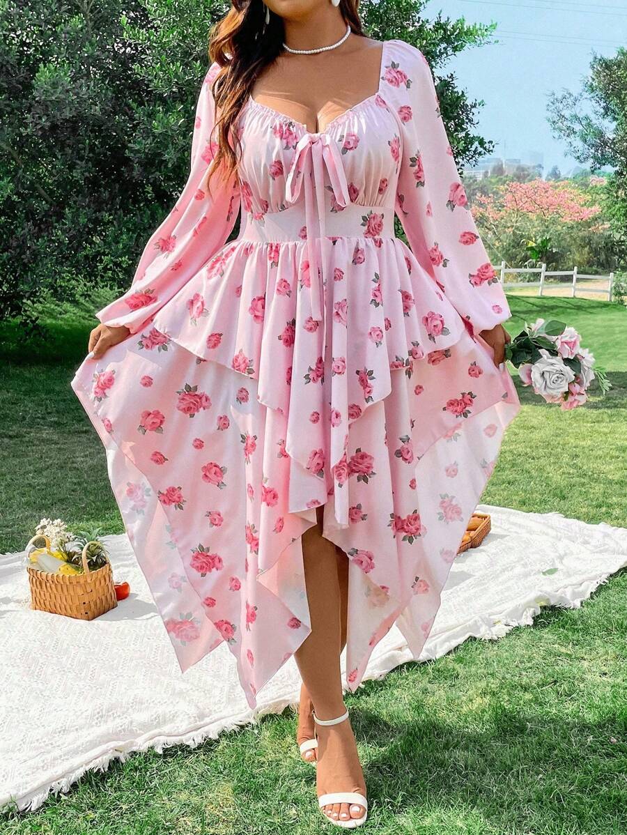 Sunnyshic Đầm Maxi Tay Lửng Cổ Tròn Viền Bất Đối Xứng Cỡ Lớn Cho Kỳ Nghỉ Bãi Biển Nữ - Hồng - Xem 1