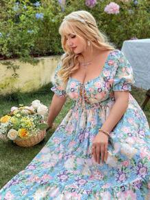 Sunnyshic Plus Size Floral Pattern Front Tie Puff Sleeve Dress Maxi Women Outfit - Multicolor - View 6