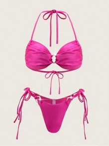 SHEIN Swim 女士纯色两件套泳衣套装 夏季 - 玫紅色 - 查看 1