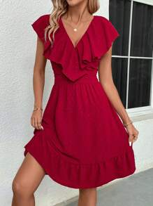 SHEIN Clasi Women's V-Neck Floral Jacquard Dress With Ruffle Trim - Burgundy - View 4