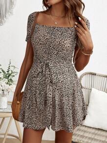SHEIN Maternity Women's Leopard Print Square Neckline Romper For Summer Vacation