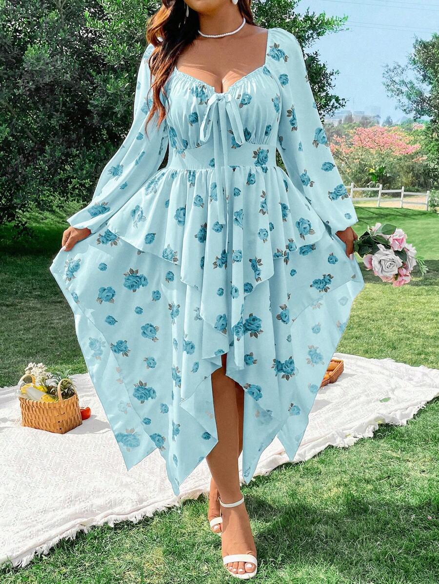 Flirla Plus Size Blommönster Knuten Front Asymmetrisk Fåll Klänning Maxi Vacation Beach Outfits Kvinnor - Blå - Visa 1