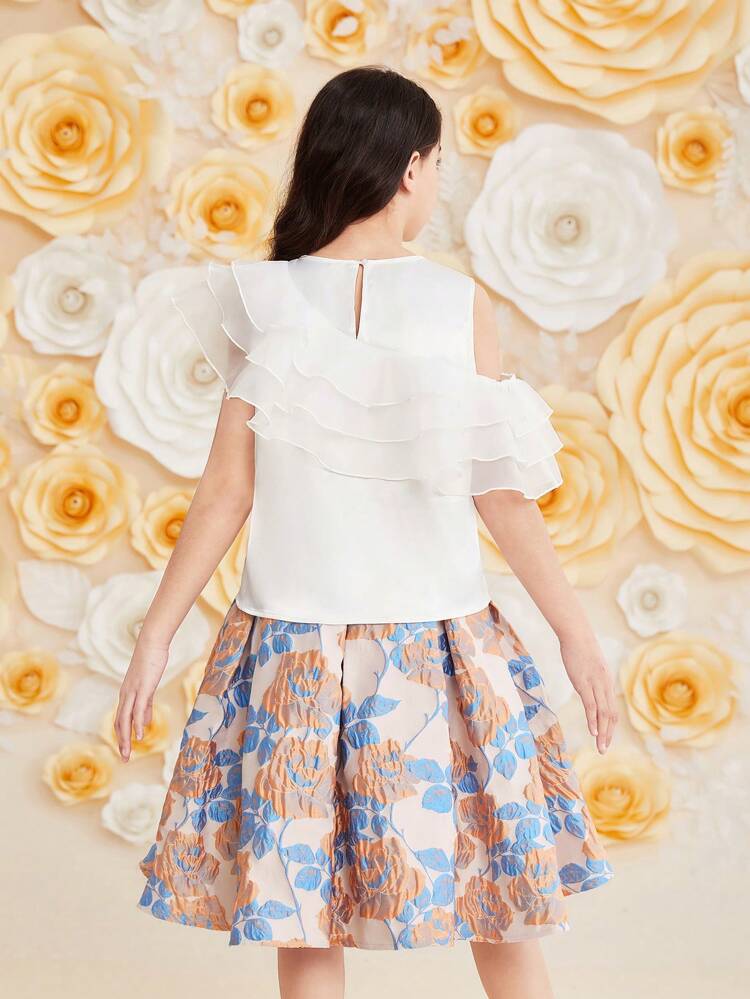 Tween Girl's Lace Floral Print Round Neck Blouse And Ruffle Hem Skirt Set
