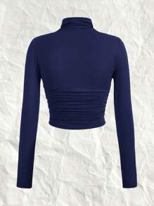 SHEIN EZwear 海军蓝色休闲百搭针织高领 T 恤，适合大码女款 - 藏蓝色 - 查看 2