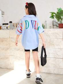 SHEIN Tween 女孩寬鬆休閒字母印花短袖襯衫 - 淺藍色 - 查看 3
