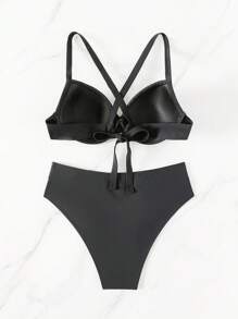 SHEIN Swim 女士交叉设计比基尼套装带金属扣装饰音乐节夏日海滩 - 黑色 - 查看 6