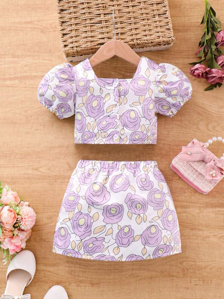 2pcs/Set Young Girls' Gorgeous & Lovely Ladylike Floral Print Top With Puff Sleeves & Skirt Spring/Summer Outfits