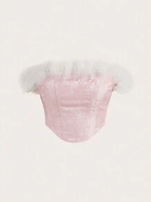 Sweetina 女式流蘇細節緞面提花露肩上衣 - 粉色 - 查看 2