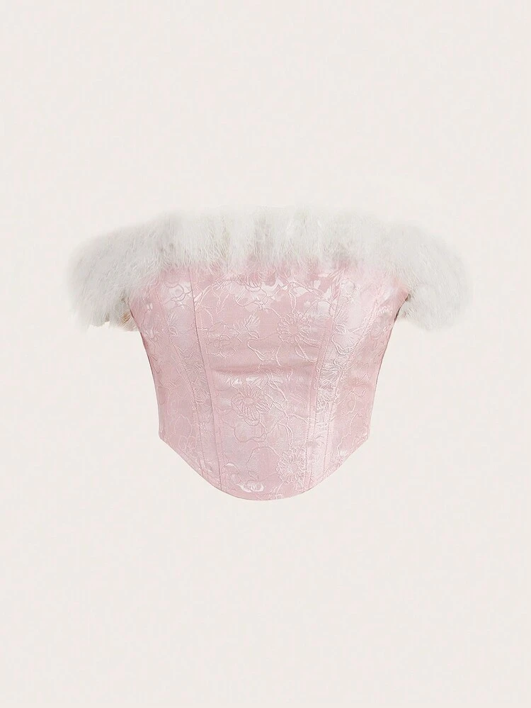 Women's Satin Jacquard Off Shoulder Top With Fringe Detail