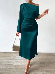 Chiquease Asymmetrical Neckline Satin Dress - Teal Blue - View 6