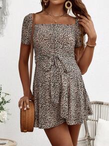 SHEIN Maternity Women's Leopard Print Square Neckline Romper For Summer Vacation