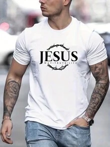 Men's Letter Print Short Sleeve T-Shirt - White - View 1