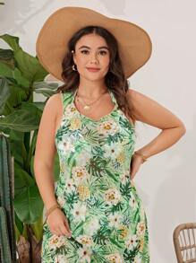 Swim Lushoire Plus Size Women's Tropical Plant Print Halter Neck Tie Bikini For Summer Beach Vacation