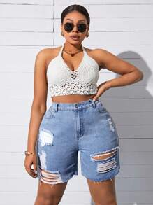 SHEIN SXY Kích thước lớn Của phụ nữ Đau khổ Frayed Hem Quần short Denim - Rửa nhẹ - Xem 3