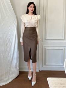 Dazy Star 高腰开叉大腿PU皮革短裙、铅笔裙秋冬 - 咖啡棕 - 查看 5