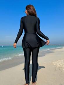 Swim Mulvari Summer Beach Women's Conservative Style Long Sleeve One-Piece Swimsuit With Ruffle HemArabic Clothing - Black - View 2