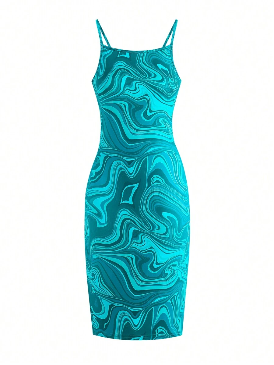 少女大理石纹细肩带连衣裙，适合参加派对 - 綠色 - 查看 1