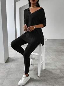 VaVaBold V領長袖開叉t卹+緊身褲套裝 - 黑色 - 查看 3