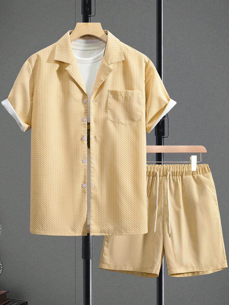 Manfinity Homme Men'S Collared Short Sleeve Shirt And Shorts Set for