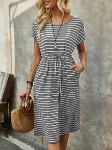 Women's Striped Drawstring Waist Slant Pocket Casual Dress For Summer - Light Grey - View 1