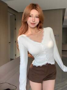 DAZY 女式纯色蕾丝拼布T恤长袖女式上衣 - 白色 - 查看 11