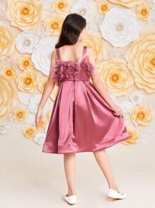 SHEIN Tween Girls' Elegant Satin Feather Decor Sleeveless Dress - Pink - View 7
