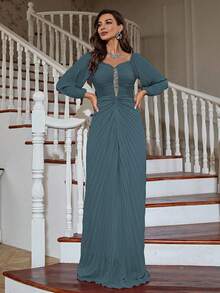 水晶缀饰灯笼袖褶饰伴娘礼服 - 霧霾藍 - 查看 6