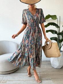Chiquease Women's Short Sleeve Dress With Paisley Patterned Waist Shirred - Multicolor - View 5