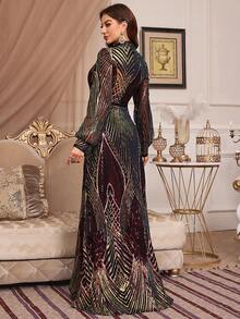 Women's Long Sleeve Modest Dress With Small Notched Neck, Sequin Decoration And Arabian Robe Style (Non-Positioning Cut Flowers) - Black - View 7