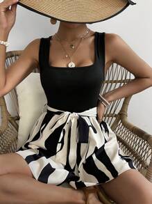 Breezaya Pattern Printed Sleeveless Romper With Waist Belt - Black - View 3