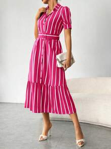 SHEIN LUNE Vertical Striped & Printed Puff Sleeve Women's Shirt Dress - Hot Pink - View 4